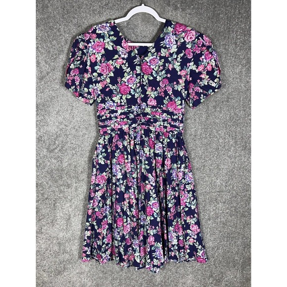 Vintage USA Positive Attitude Floral Dress Womens Size 13/14 Puff Sleeve Pockets - Picture 2 of 14